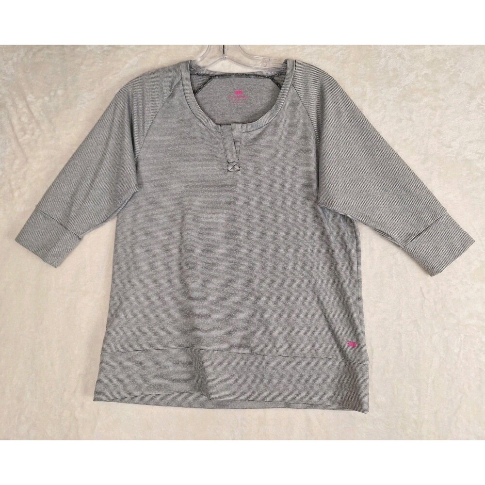 PL Movement Womens M Henley Top Striped Black Gray 3/4 Sleeve Stretch Comfort
